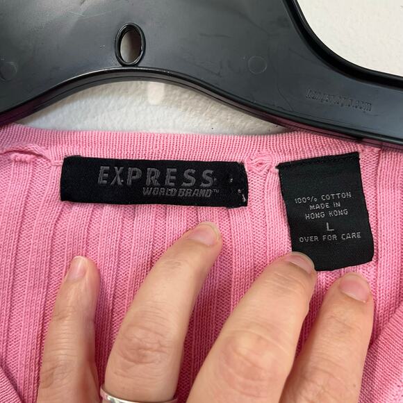 Vintage 90s Y2K Express Ribbed Long Sleeve Pink Cardigan Sweater Sz L - Picture 5 of 8